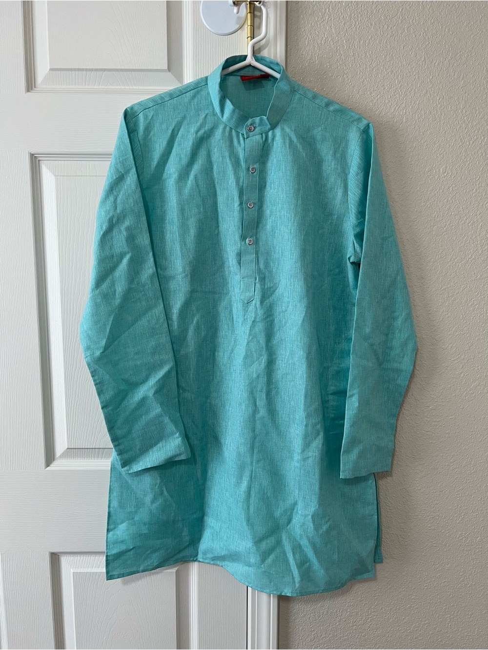 Ethos Cotton Rich Aqua Kurta Tunic Shirt Men’s 38 Mandarin Collar Long Sleeve